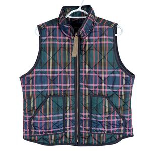 J.Crew Quilted Excursion Vest Womens L Colorful Plaid K3986 Full Zip Pockets NEW